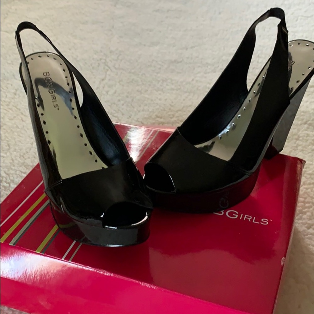 BCBGirls black patent high heel sandals